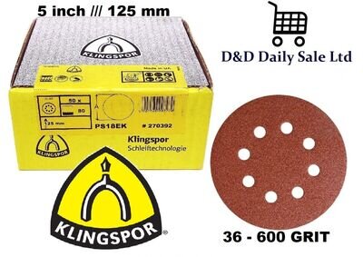 125 mm Sanding Discs / Hook&Loop 8 hole pads 5'' KLINGSPOR 36 - 600 GRIT 5 inch
