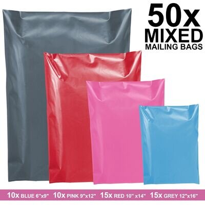50 Mixed Mailing Plastic Bags Poly Postage Parcel Bag Grey Pink Blue in 4 Sizes